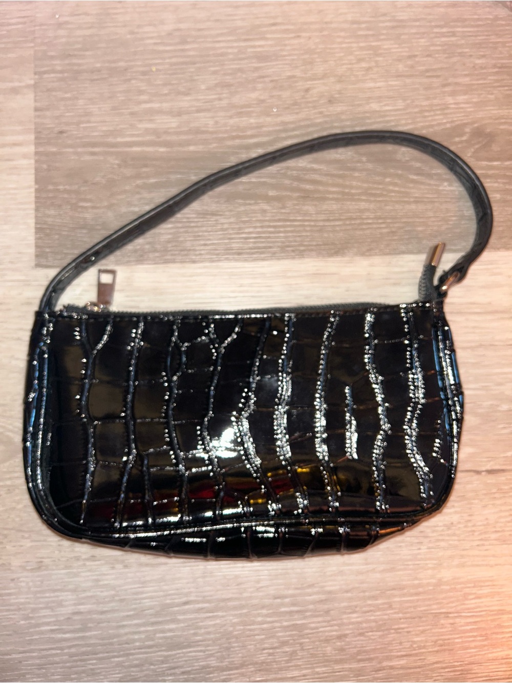 Patent Croc-Embossed Mini Shoulder Bag in Black
